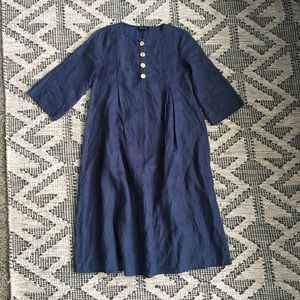 Roolee Blue Linen Dress Wood Buttons 3/4 Sleeve